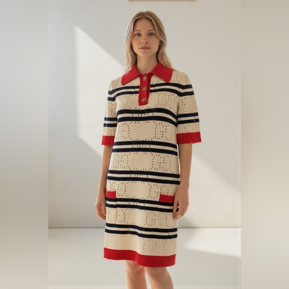Gucci Knit White and Navy Striped Polo Dress - Picture 12 of 16